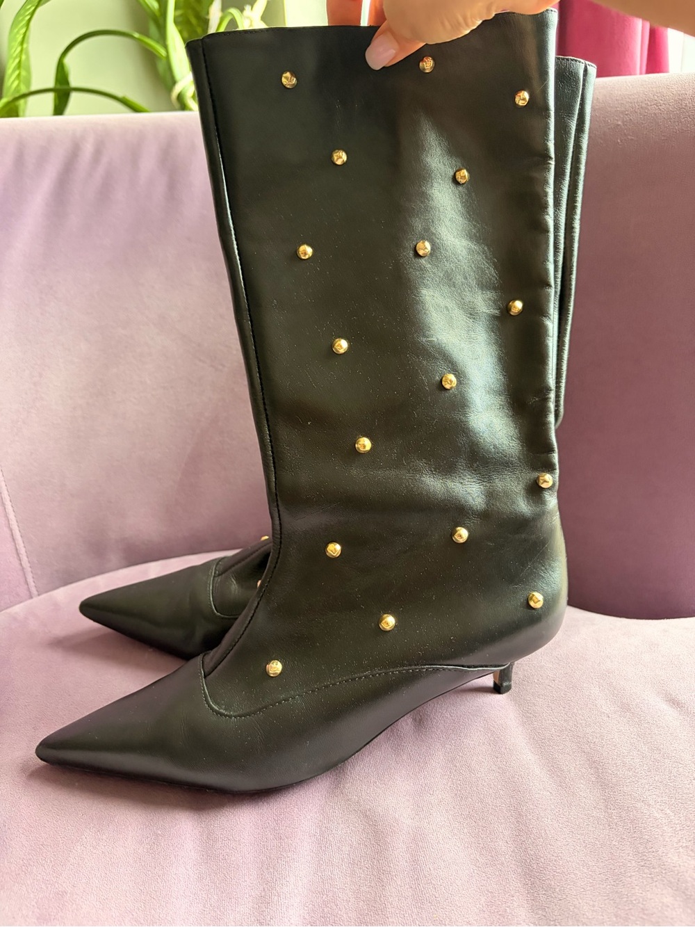 Black Leather Pointed-Toe Mid-Calf Boots with Gold Studs